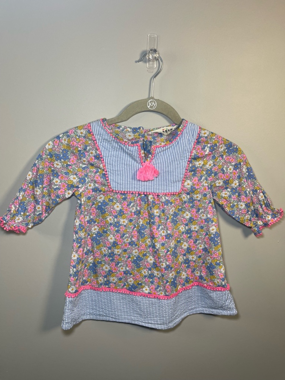 Mini Boden Floral Tunic with Pink Tassel and Blue Stripe Yoke